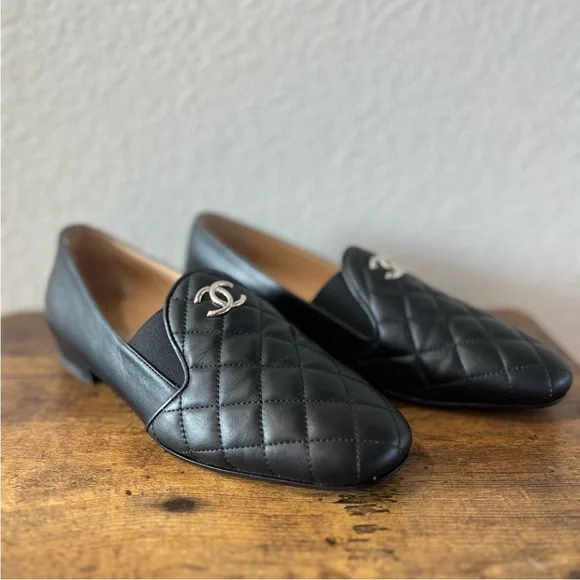 Authentic Chanel Black Quilted Loafers with Silver Logo 36.5 - Picture 3 of 16